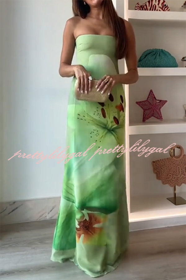 Smooth and Elegant Satin Unique Floral Print Off Shoulder Maxi Dress