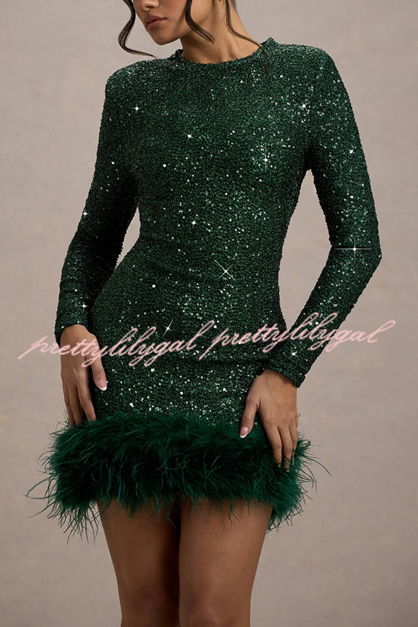 Party Must-have Sequin Long Sleeve Feather Trim Stretch Mini Dress