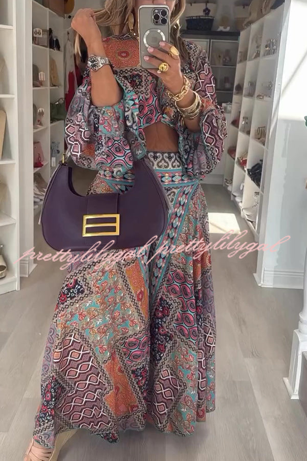 Unique Boho Ethnic Print Balloon Sleeve Crop Top and Elastic Waist Wide-leg Pants Set