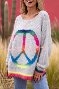 Love and Peace Knit Rainbow Pattern Loose Pullover Sweatershirt