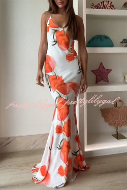 Charming Tulip Print Backless Crisscross Straps Flare Scarf Maxi Dress