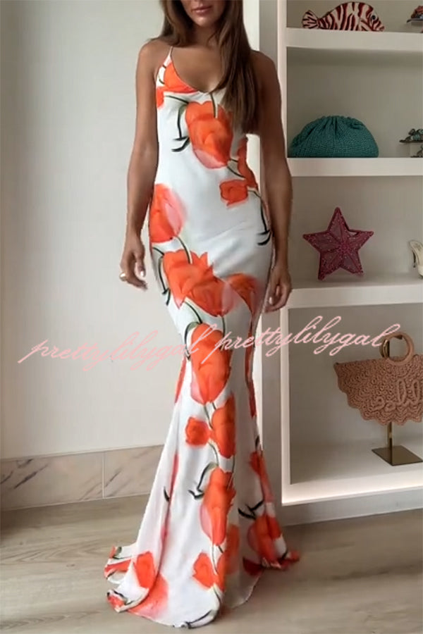 Charming Tulip Print Backless Crisscross Straps Flare Scarf Maxi Dress