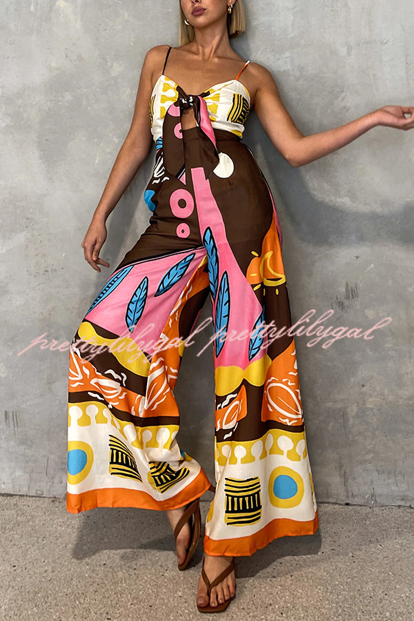 Unique Printed Suspenders Hollow Waist Wide-leg Jumpsuit