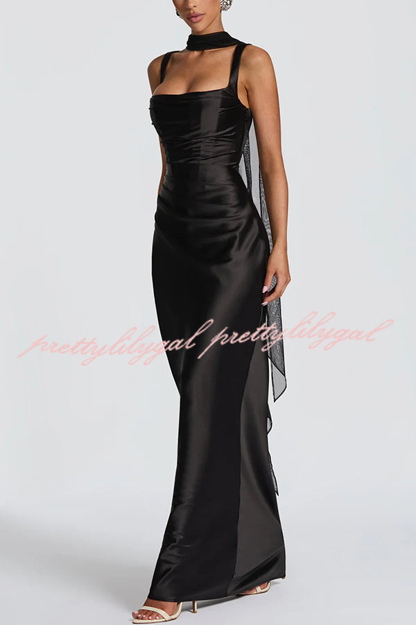 Calanthe Satin Square Neck Ruched Back Lace-up Drape Mesh Scarf Maxi Dress