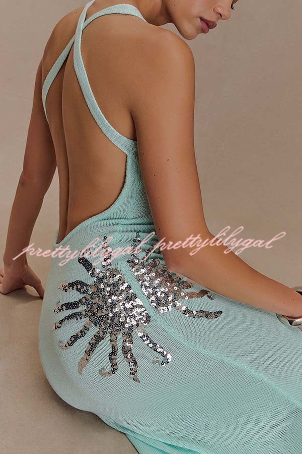 Sparkling Nights Knit Sunburst Sequin Detail Back Cross Straps Stretch Maxi Dress