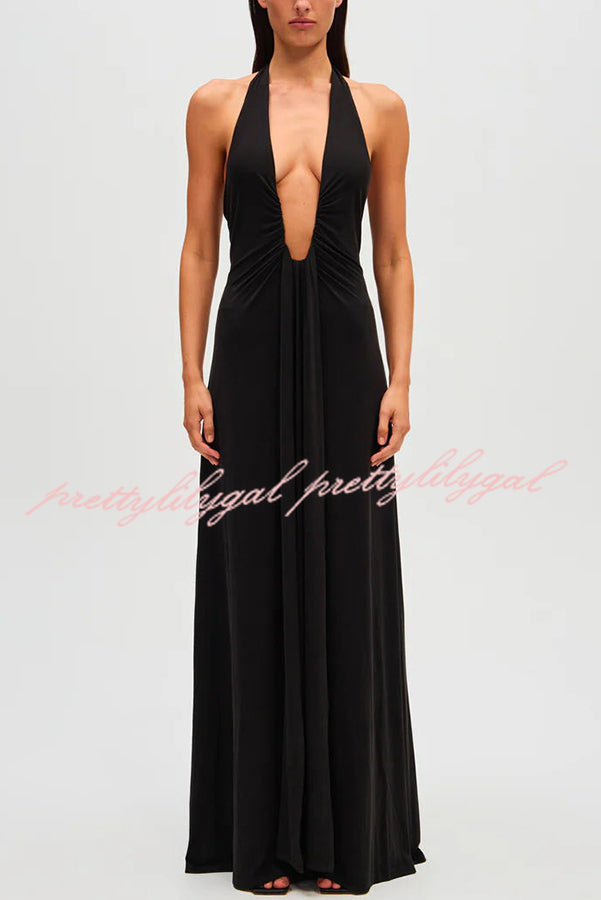 Sexy Silhouette Deep U-neck Halter Waterfall Sash Drape Maxi Dress