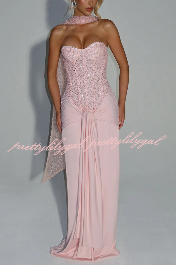 Carina Sequined and Satin Jersey Off Shoulder Ruched Knot Drape Maxi Dress
