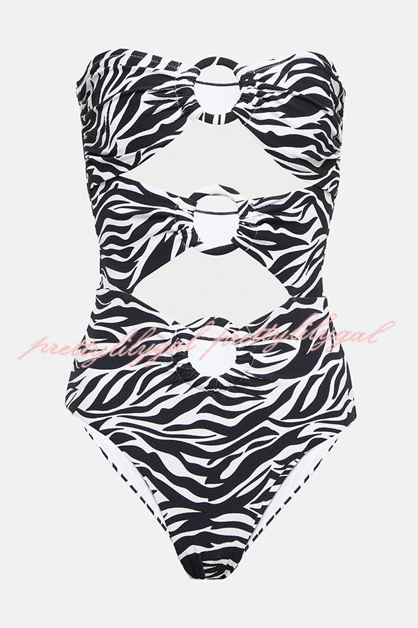 Marsie Zebra-print Ring Cutout Details Off Shoulder Stretch One-Piece Swimsuit