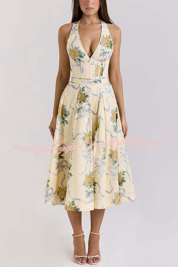 Resort Star Floral Print Waist Halterneck Tie Pocket Midi Dress