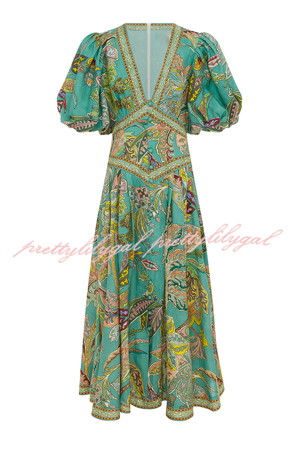 Chic Vacation Linen Blend Unique Print Button Puff Sleeve Pocket Maxi Dress