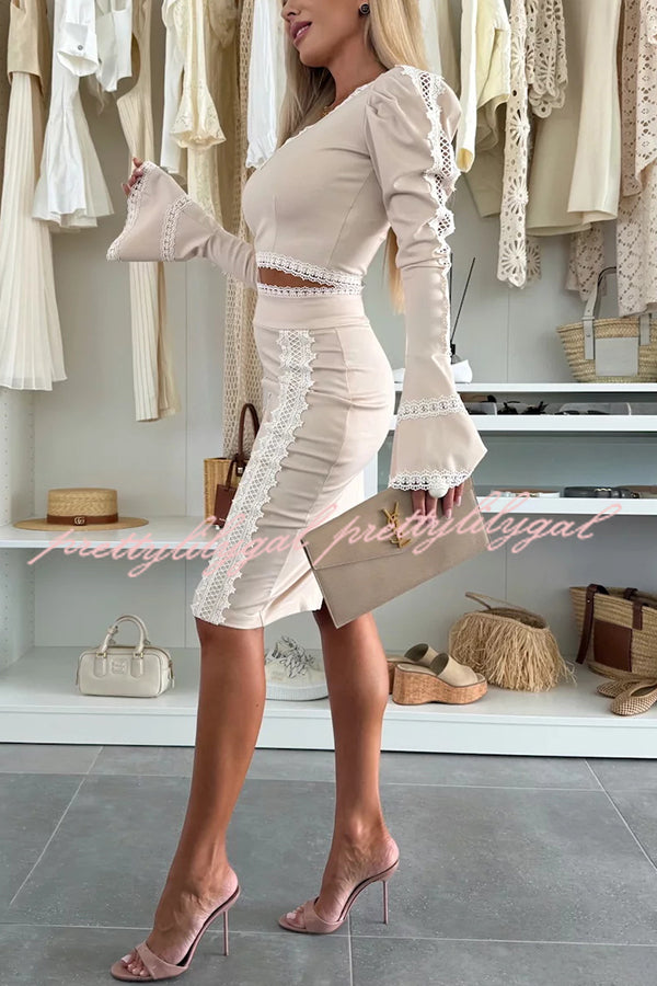 Career Beauty Lace Paneled Long Bell Sleeve Crop Top and High Rise Mini Skirt Set