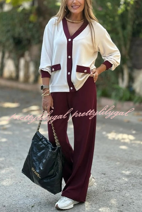 Stylish Color-blocked V-neck Knitted Button-down Cardigan and Elastic Waist Casual Wide-leg Pants Set