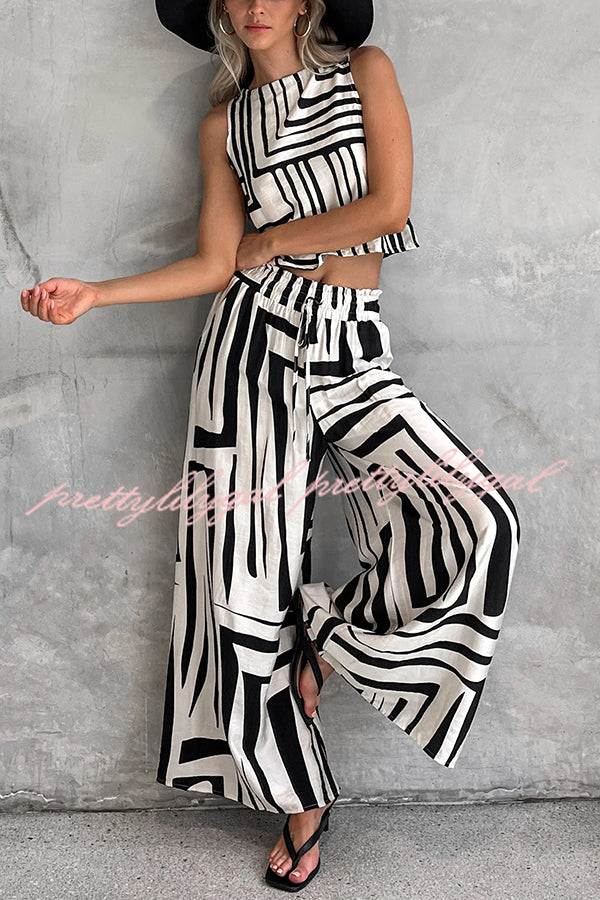 Striped Printed Sleeveless Casual Top and Elastic Waist Loose Pocket Wide-leg Pants Set