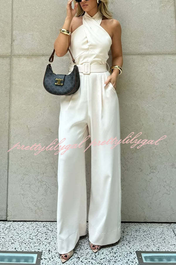 Solid Color Halterneck Sleeveless Waisted Casual Pocket Straight Jumpsuit