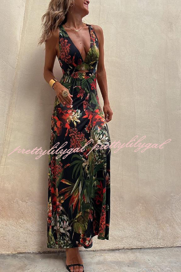 Rainforest Paradise Tropical Print Cutout Back Crossover Stretch Maxi Dress