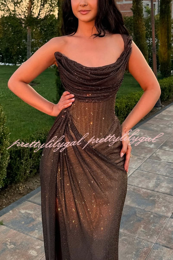 Glitzy Gala Glitter Fabric One Shoulder Ruched Slit Maxi Dress Glitzy Gala Glitter Fabric One Shoulder Ruched Slit Maxi Dress