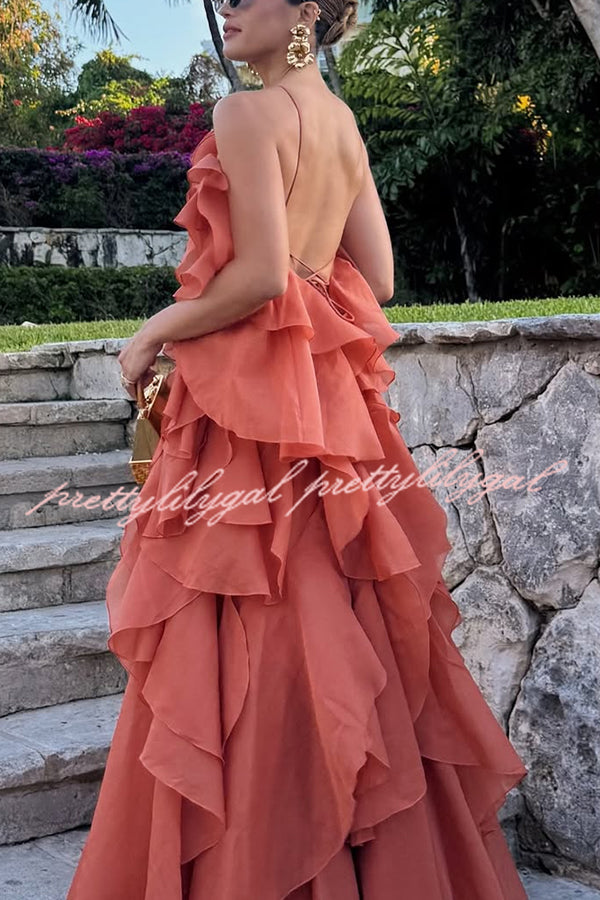 Free - Flowing Rose Detail Tiered Ruffles Halter A-line Maxi Dress