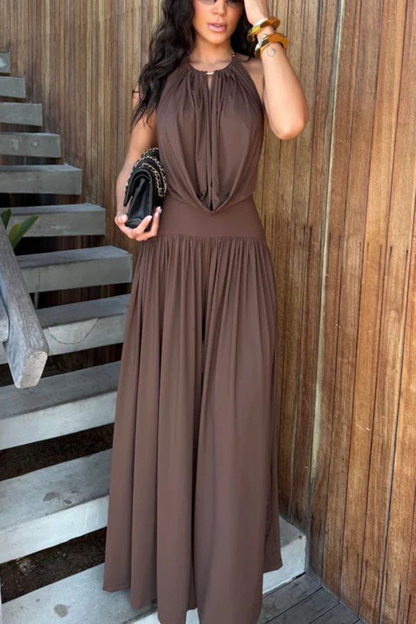 metal ring neck dress HALTER NECK METAL RING DETAIL LONG WOMEN DRESS BLACK/ E ZEZE DRESS KLAUDIO FASHION MM-1454