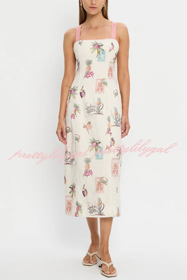 Plant Print Sleeveless Square Neck Open Back Tie Casual Midi Dress