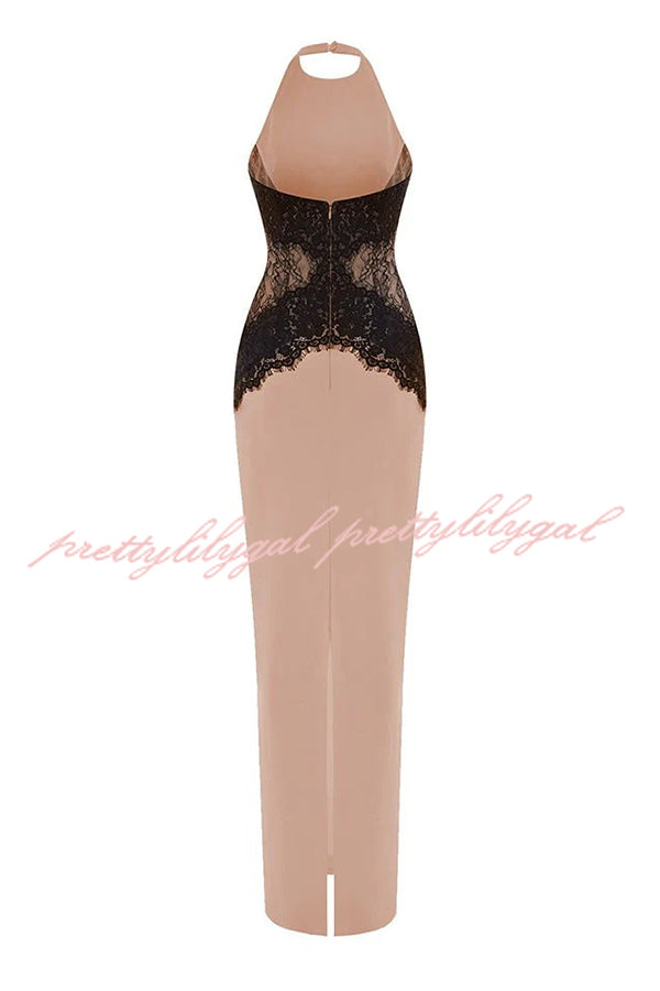 Sexy Halterneck Lace Paneled Backless Slim Maxi Dress