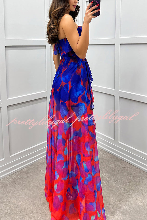 Loving Moment Gradient Unique Print Flowing Layered Ruffles Strapless Slit Maxi Dress