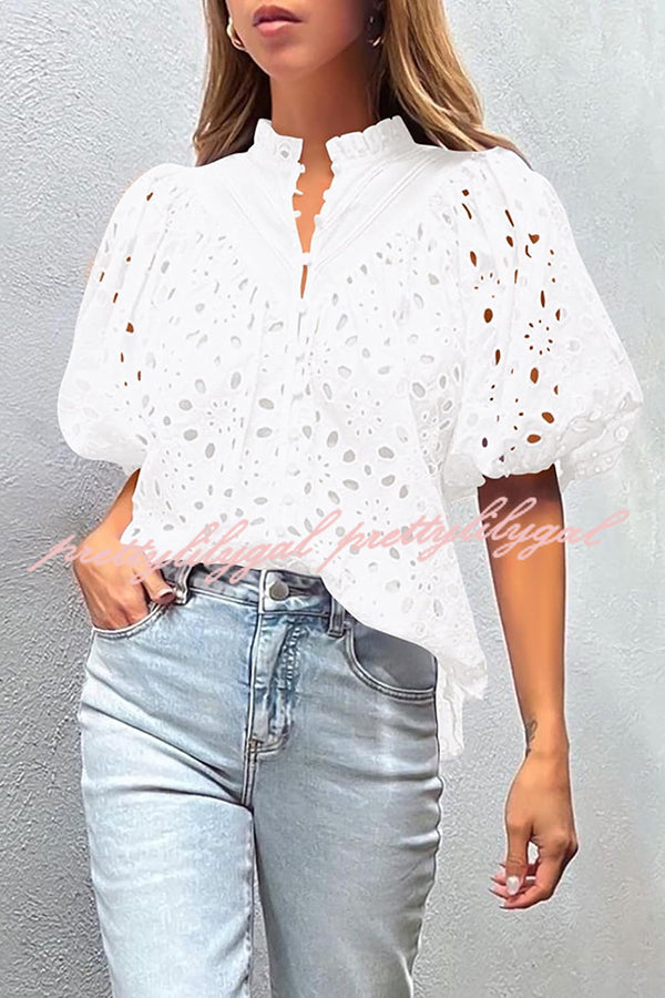 Hollow Embroidered Lace V-neck Buttoned Lantern Sleeve Blouse