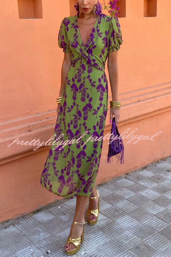 Botanical Print V-neck Puff Sleeve Tie Waist Midi Dress