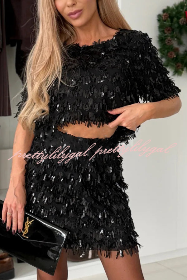 Polished Uptown Sequin Tassel Round Neck Short Sleeve Top and Elastic Waist Mini Skirt Set