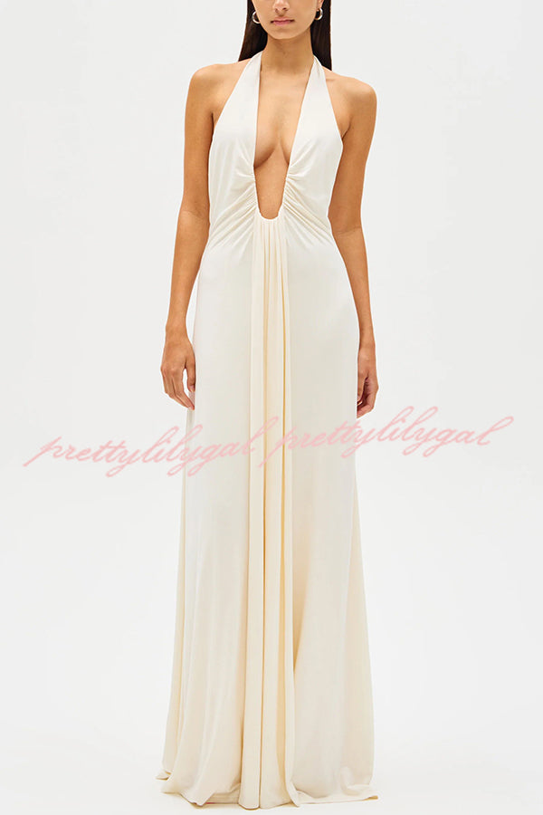 Sexy Silhouette Deep U-neck Halter Waterfall Sash Drape Maxi Dress