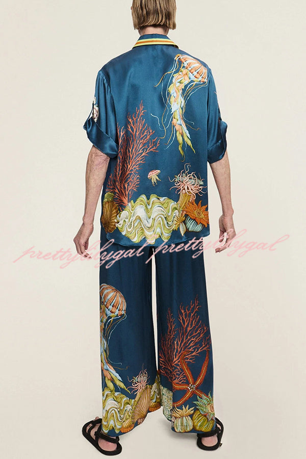 Linen Blend Unique Print Lapel Short Sleeve Shirt and Elastic Waist Loose Pocket Wide Leg Pants Set