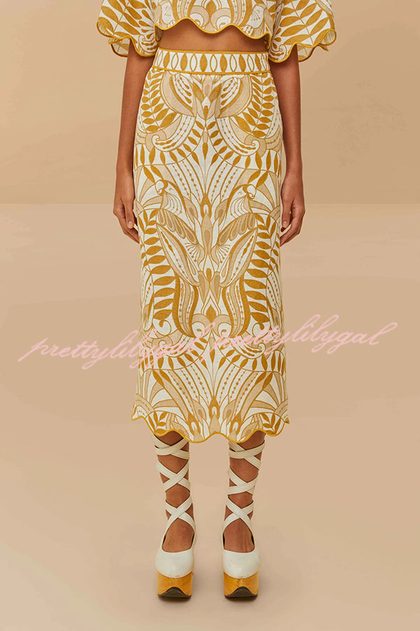 Korra Linen Blend Unique Print Wave Trim Bell Sleeve Top and Elastic Waist Pocket Midi Skirt Set