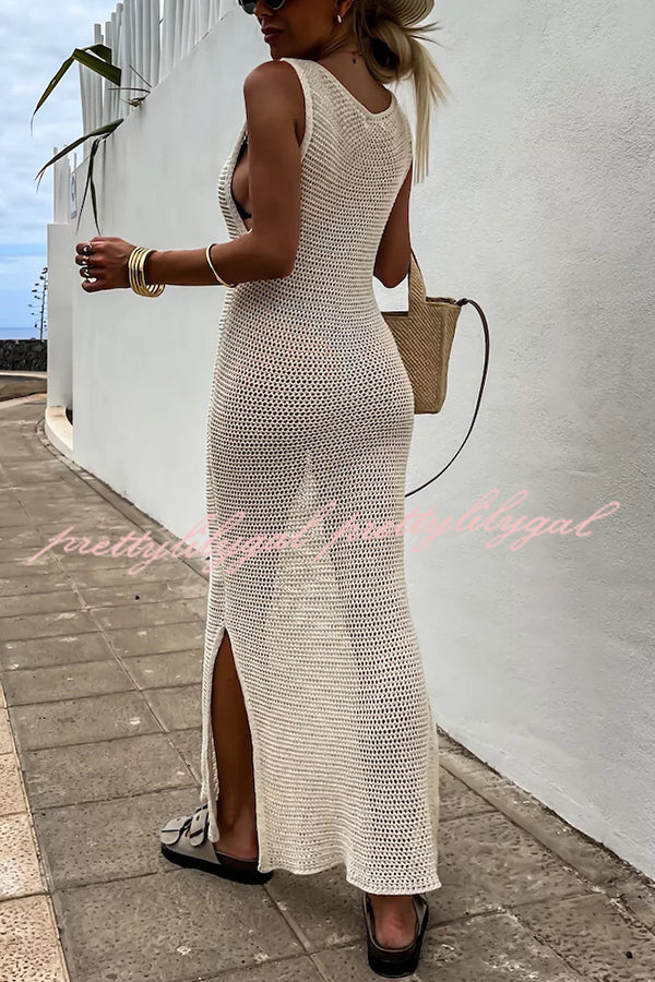 Solid Color Knitted Cutout Slit Slim Fit Maxi Dress