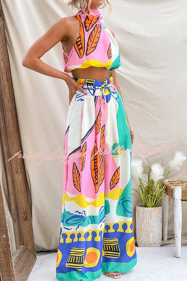 Maison Linen Blend Unique Print High Neck Top and Elastic Tie-up Waist Pocket Wide Leg Pants Set