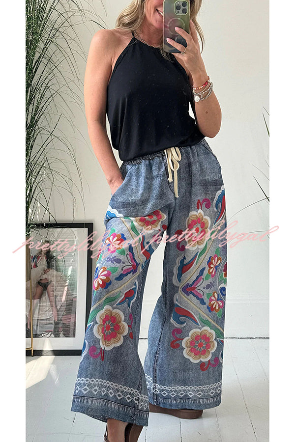 Hippie Style Unique Floral Denim Print Elastic Waist Pocketed Wide Leg Pants