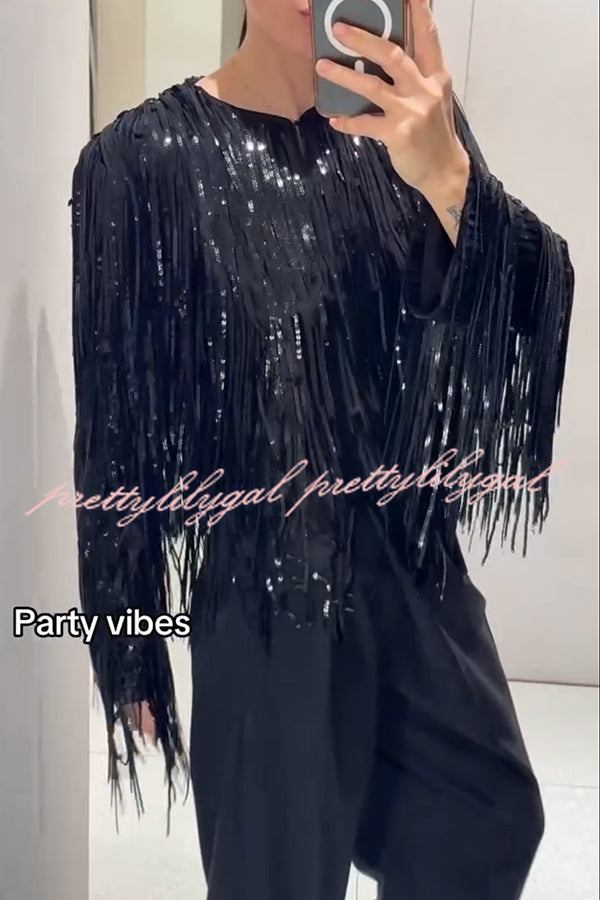 Party Crasher Layered Sequined Tassels Long Sleeve Loose Jacket