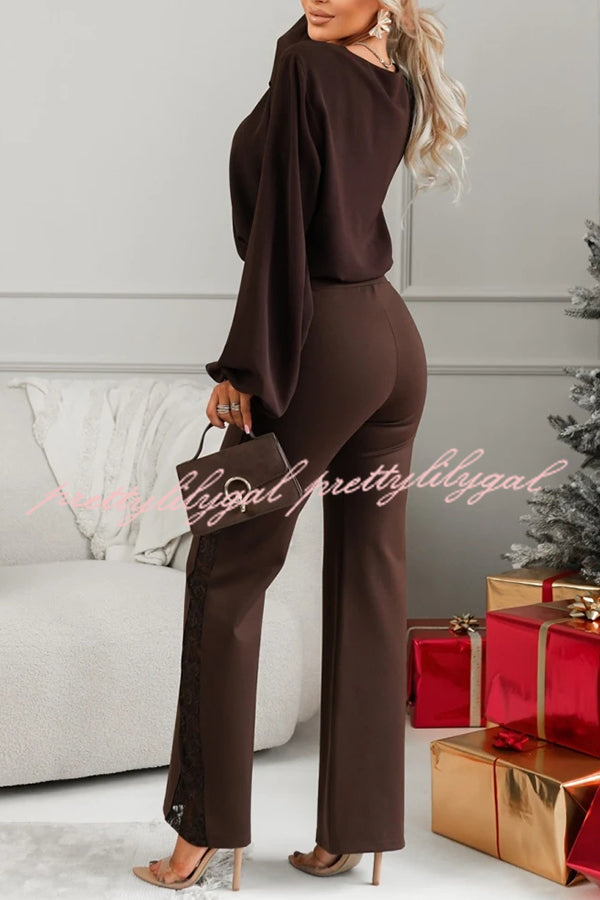 Joelie High Rise Elastic Waistband Side Lace Patchwork Flare Pants