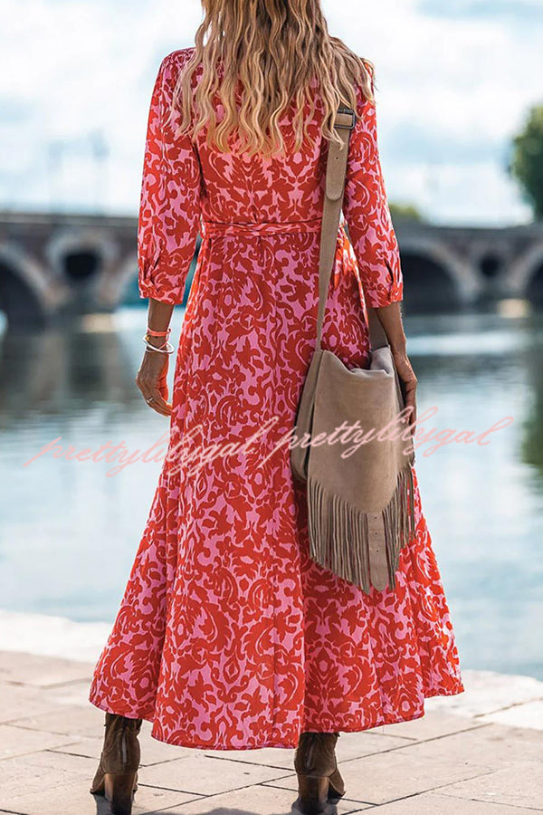 Lapel Slit Floral Print Lace Up Button Maxi Dress