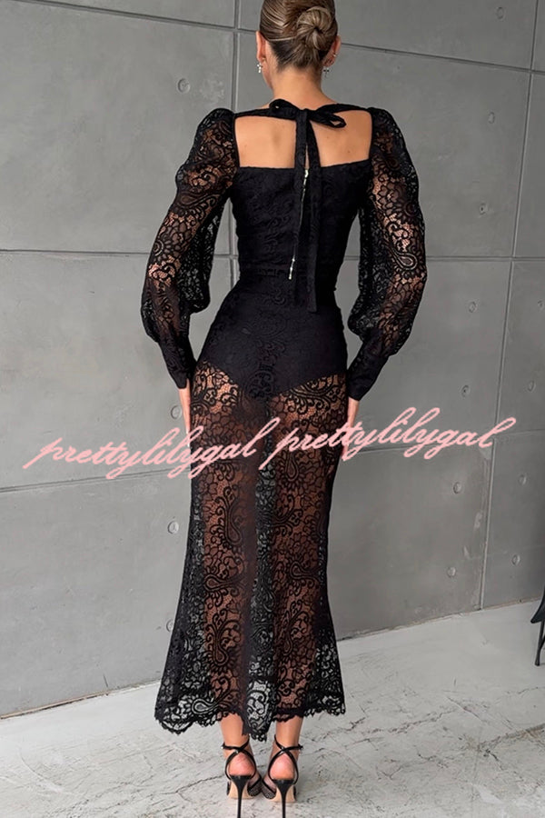 Timeless Moment Floral Lace Square Neck Button Up Balloon Sleeve Top