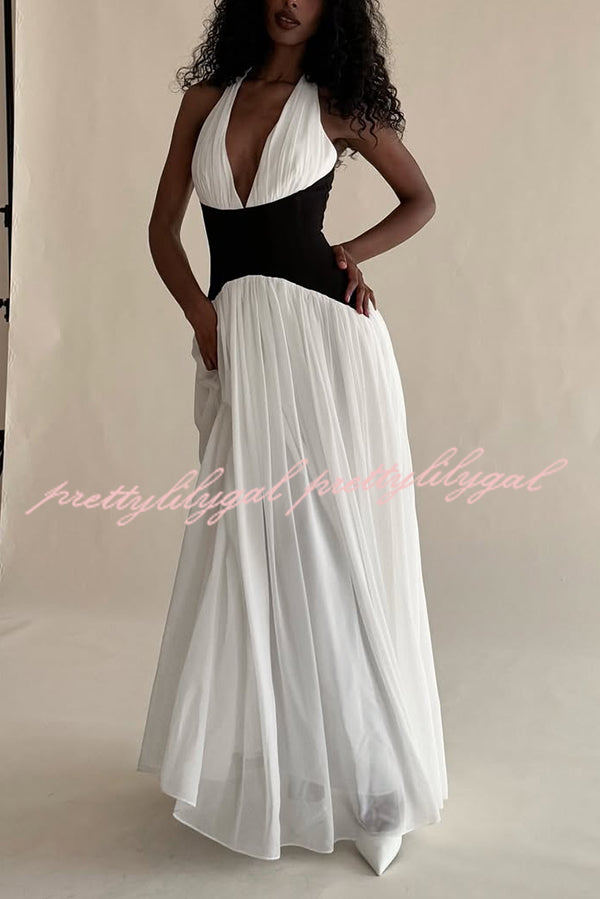 Fashionable Color Matching Sexy Halter Neck Waist Maxi Dress