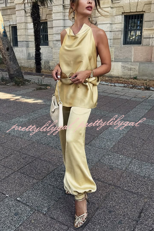 Satin Solid Pocket Loose Casual Pants
