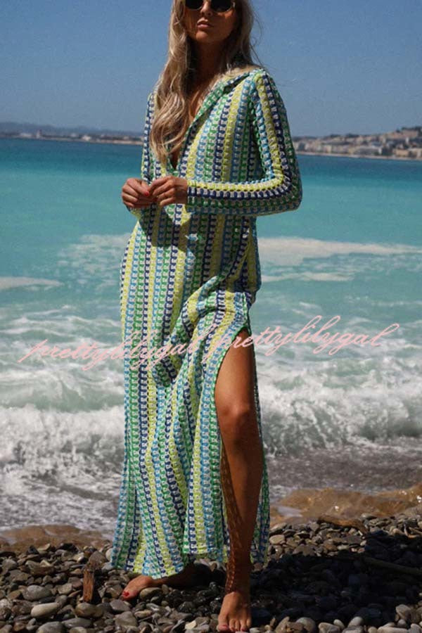 Eleanor Knit Colorful Wave Unique Print Shirt U-neck Long Sleeve Slit Maxi Dress