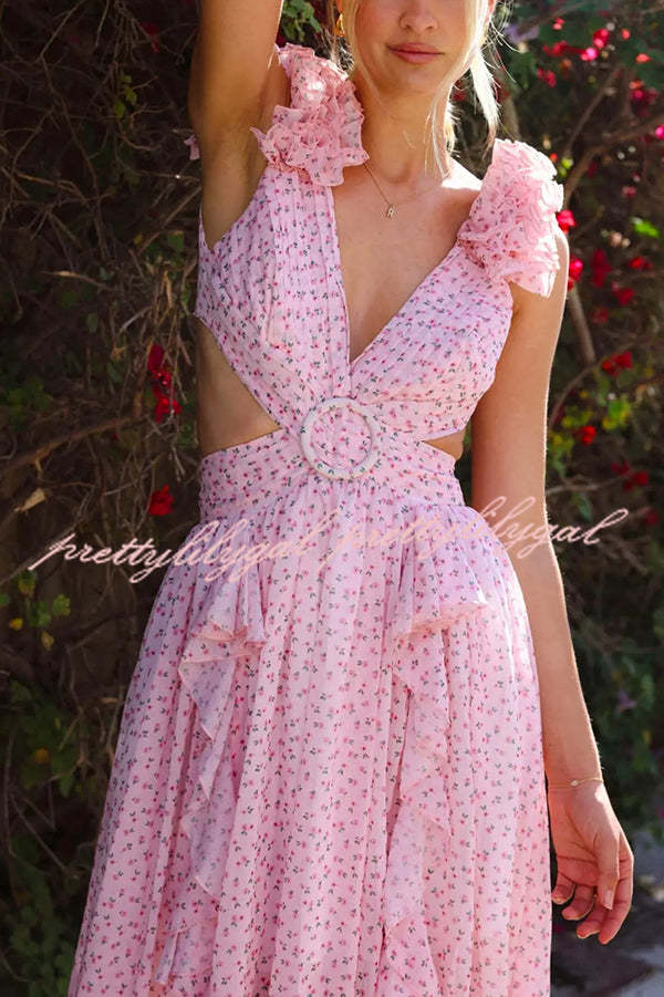 Wedding Dreams Chiffon Printed Flutter Sleeve Cutout Back Lace-up Maxi Dress