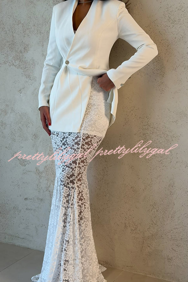 Poetic Muse Floral Lace High Rise Elastic Waist Fishtail Hem Maxi Skirt