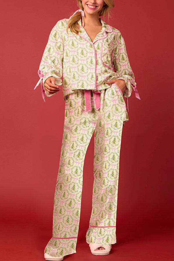 Christmas Printed Velvet Lace-up Long-sleeve Pocket Top and Elastic Waist Wide-leg Pants Set