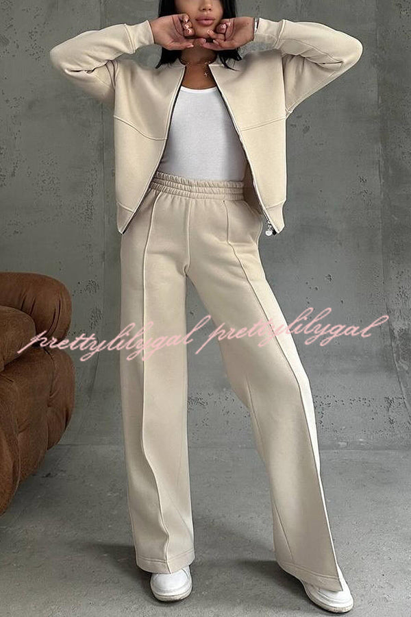 Solid Color Casual Long Sleeve Zipper Jacket and Elastic Waist Pocket Wide Leg Pants Set