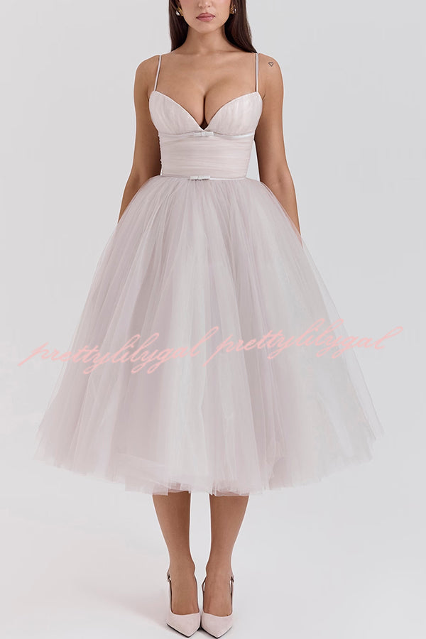 Royal Treatment Tulle Bows Detail Ruched Slip Midi Dress