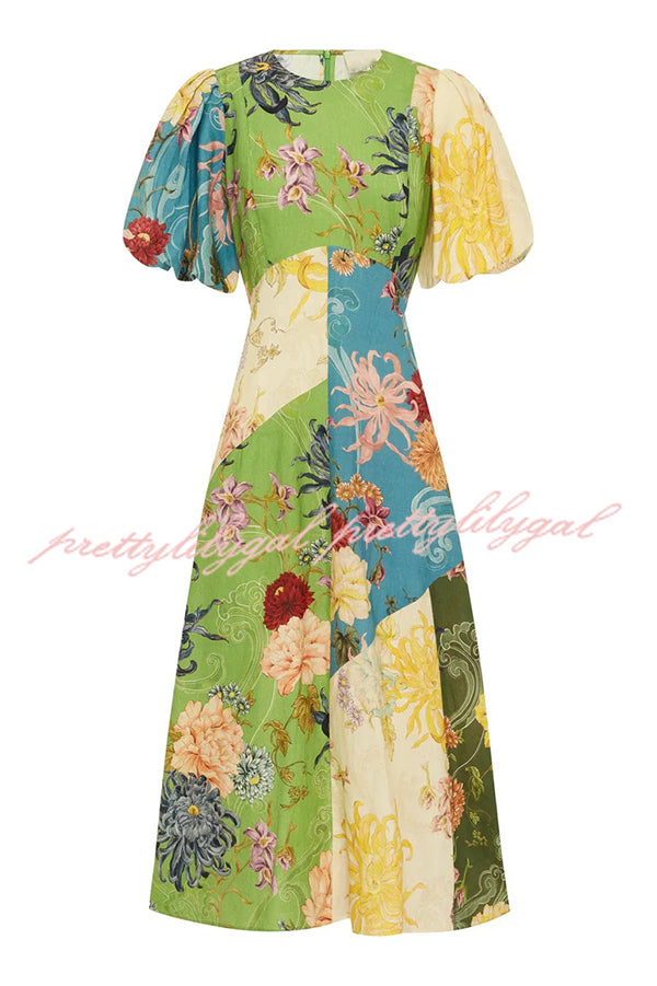 Floral Print Round Neck Puff Sleeve Casual Midi Dress
