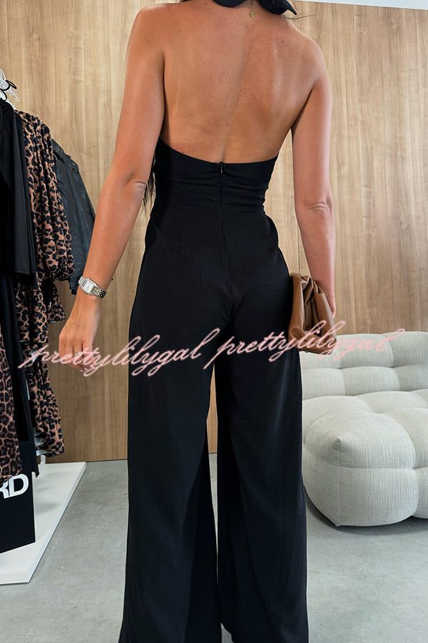 Easy Mode Cross-neck Halter Strap Backless Wide Leg Jumpsuit