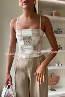 Angie Contrast Patchwork Crochet Appliqué Strap Tank Top