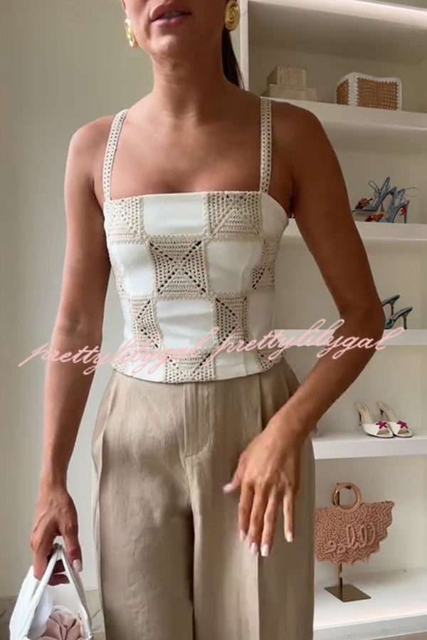 Angie Contrast Patchwork Crochet Appliqué Strap Tank Top
